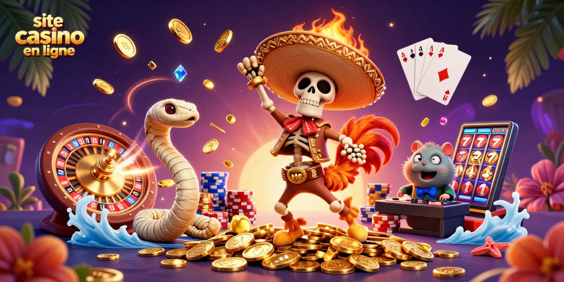 Joignez le site casino en ligne avec des personnages de la fête entourés de pièces d'or et des éléments de jeux.