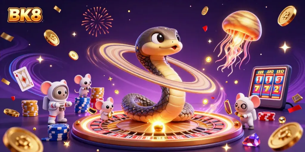 Win big at BK8 while tiny astronauts bet on Saturn's rings in a cosmic casino scene.