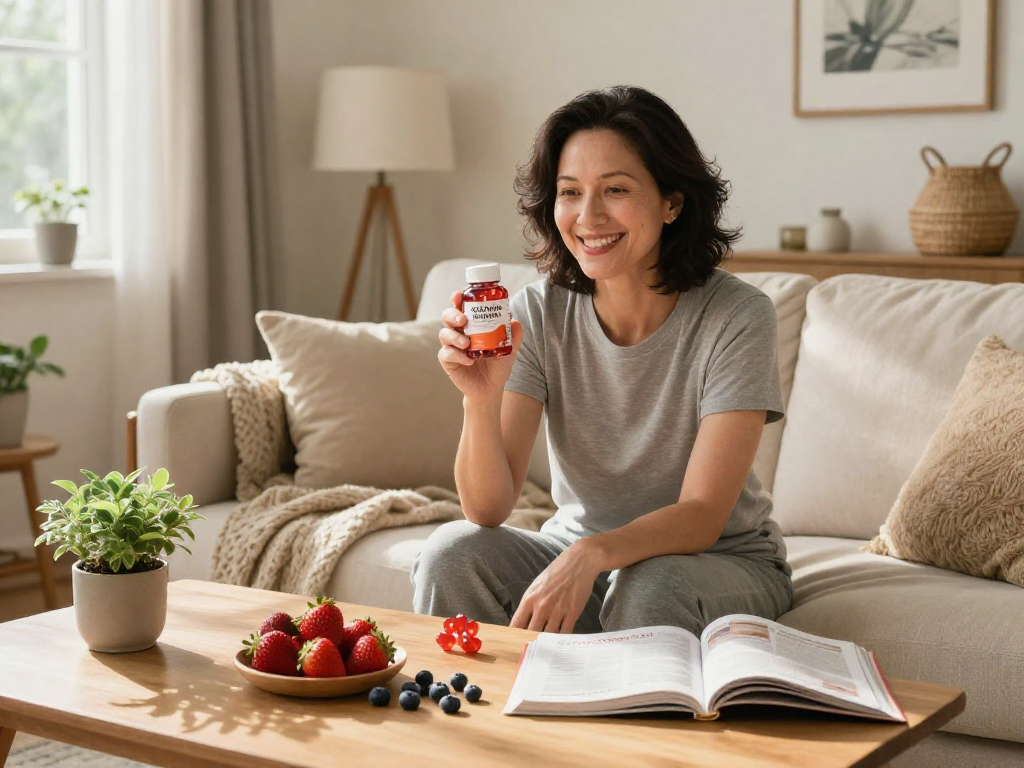 A health-conscious person enjoying astaxanthin softgels in a cozy living room.