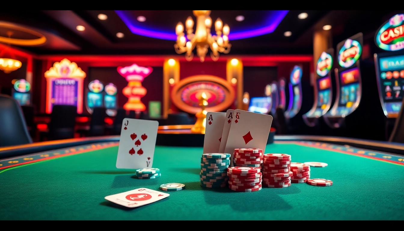 Participez à des jeux passionnants de casino en ligne Français à une table de poker luxueuse avec des jetons et des cartes vibrants.