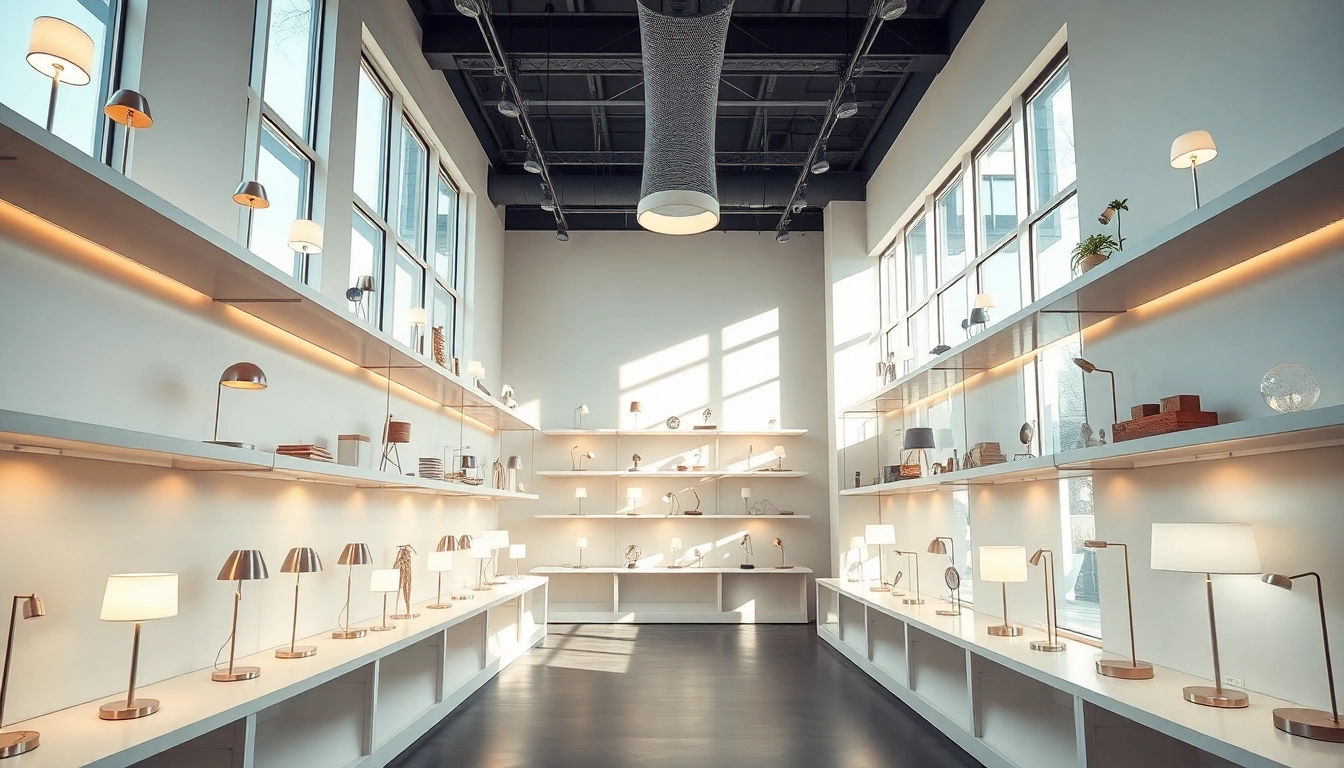 Browse unique lighting solutions with ELC Lamps Online in a modern showroom setting.