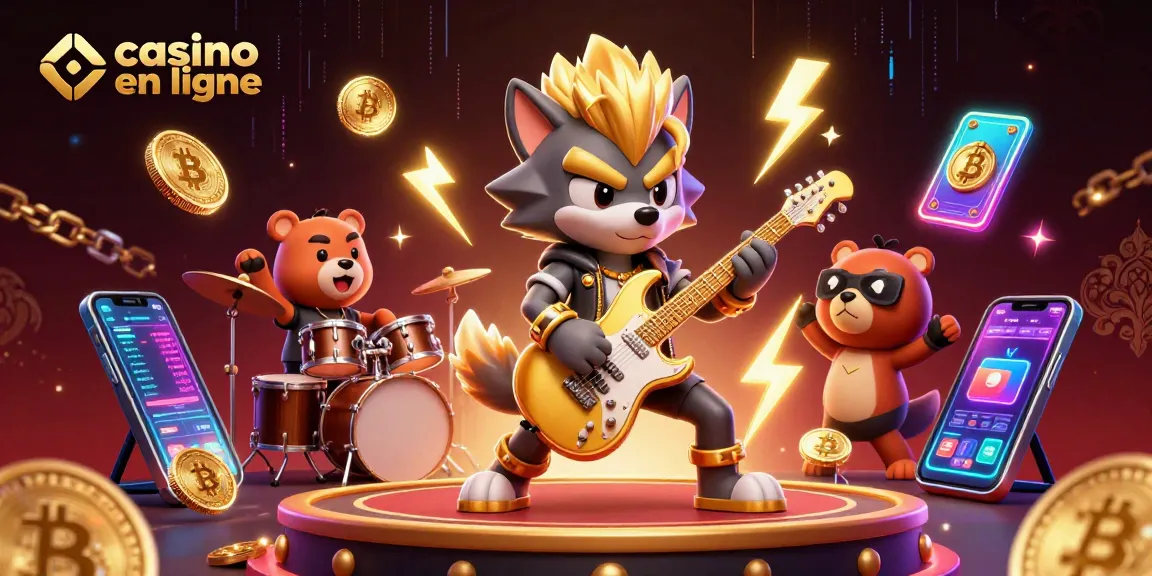 Profitez de l'expérience unique d'un casino en ligne avec un loup rock star et un ours batteur sur scène