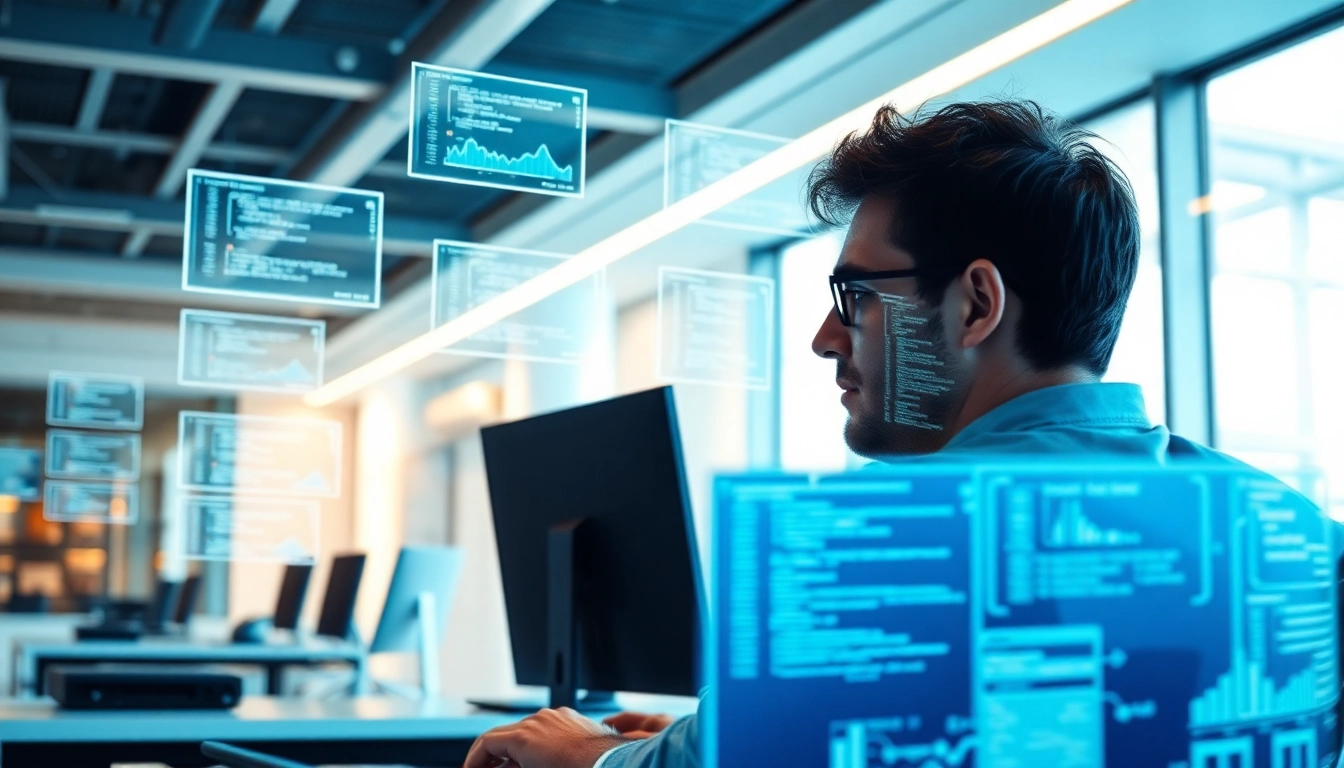 Illustration depicting T Automation & Scripting with a developer coding in a modern workspace.
