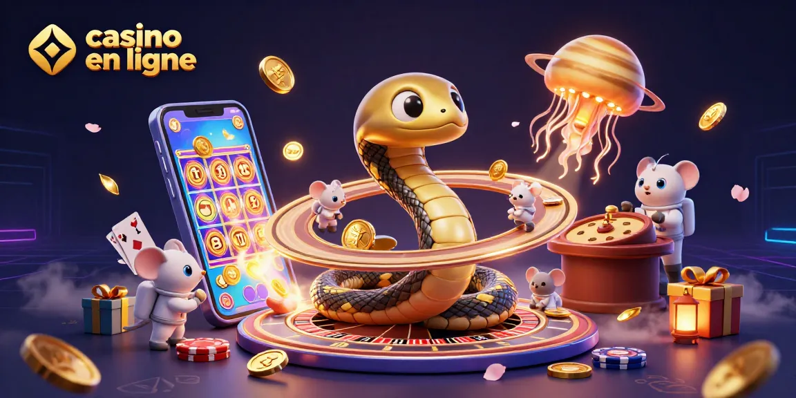 Illustration d'un casino en ligne avec un serpent aux anneaux de Saturne en roulette et des astronautes jouant.