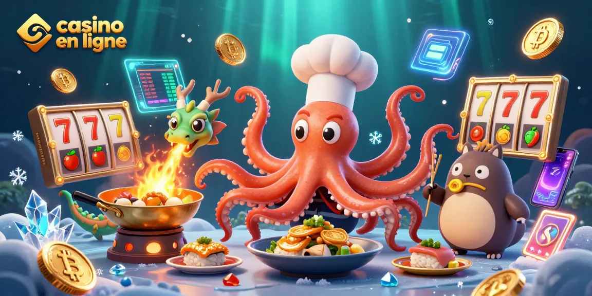 Le jeu au casino en ligne se vivifie avec un chef sushi pieuvre, un dragon et un client tanuki joyeux.