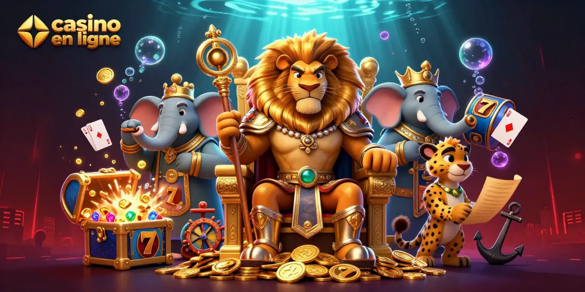 Découvrez les jeux au casino en ligne avec un roi lion, un éléphant sage, et un guépard dans une scène dynamique et riche en détails.