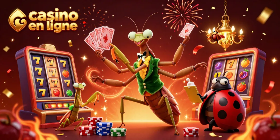 Vivez l'excitation des jeux de casino en ligne avec une illustration dynamique de Mantis et des éléments de jeu.