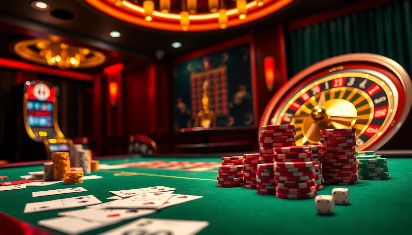 Une scène de casino dynamique présentant les jeux d'argent en ligne avec des éléments de casino en ligne argent réel France, mettant en avant des cartes, des jetons et une roue de roulette.
