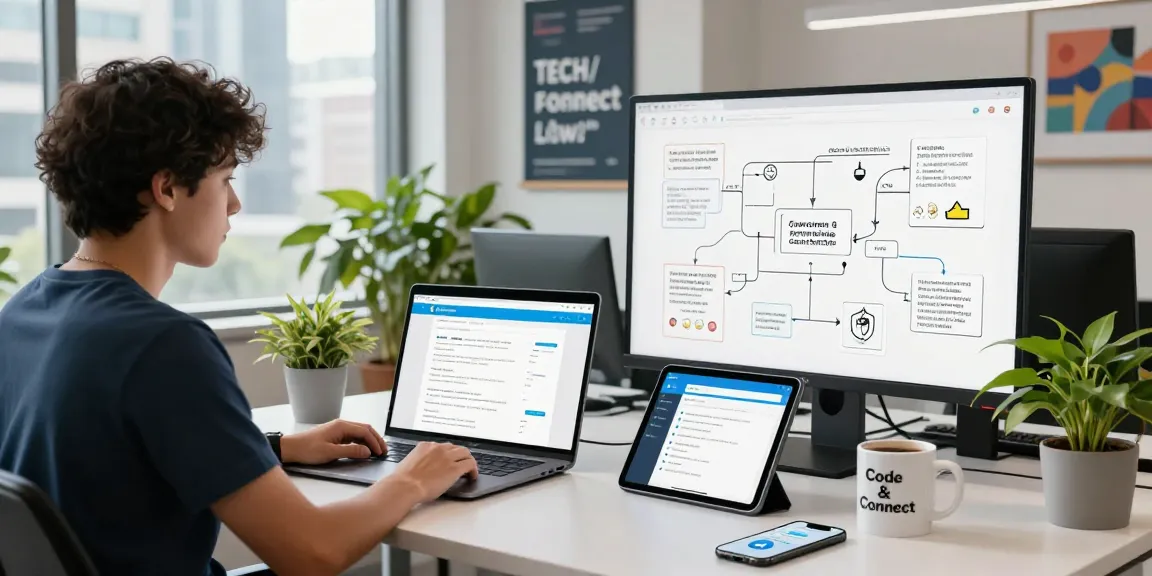 Dynamic workspace showcasing telegram官网 features on devices in a modern office environment.