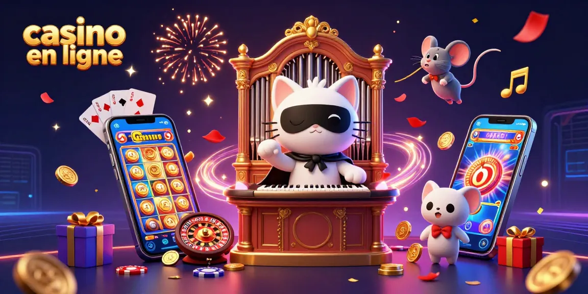 Visualisez un moment captivant dans un casino en ligne avec un chat fantôme et une souris acrobate