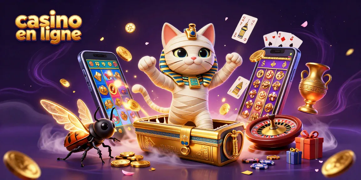 Visitez le casino en ligne avec un chat momifié et des cartes flottantes dans une scène saisissante.