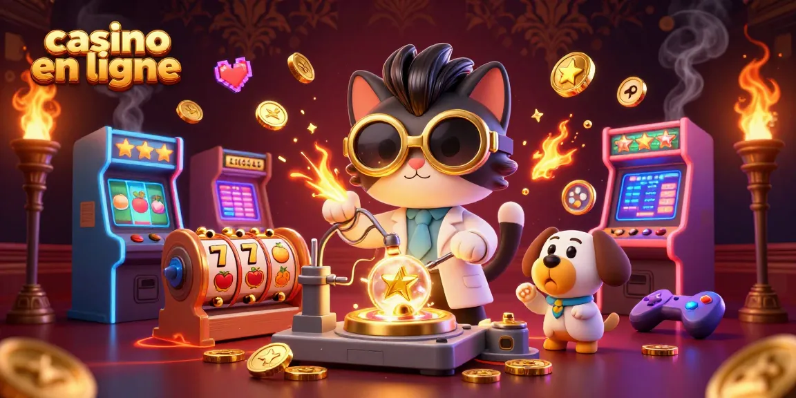 Vivez l'adrénaline d'un casino en ligne avec un chat scientifique fou et son assistante canine dans un décor coloré.