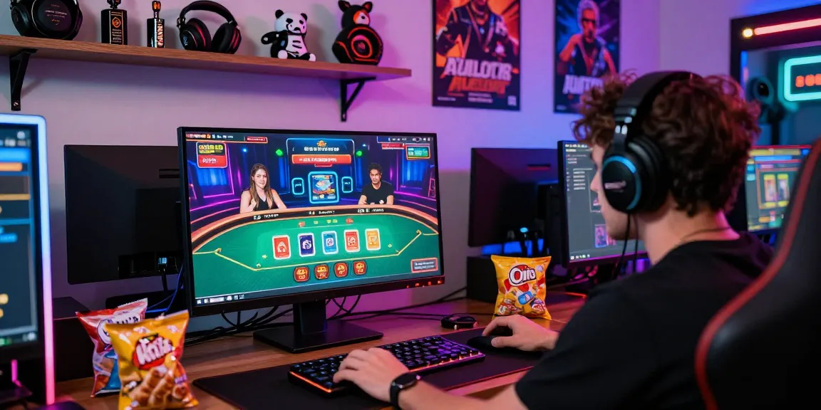 Gamer enjoying credit card casinos experience at home with vibrant setup.