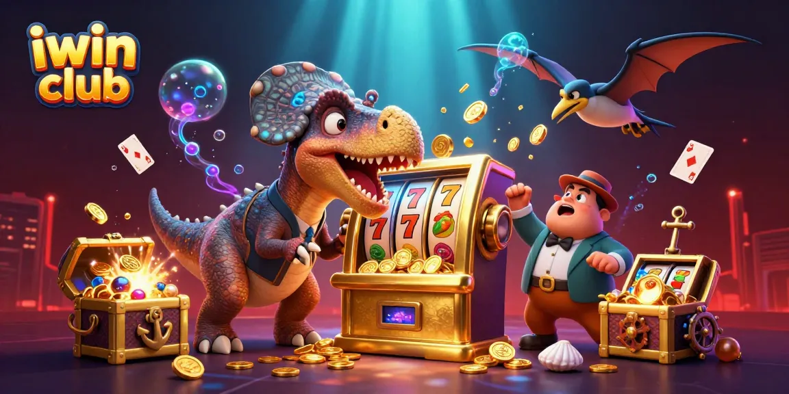Engage with iwin club gameplay as a cartoon dinosaur activates a jackpot slot amid a vibrant casino scene.