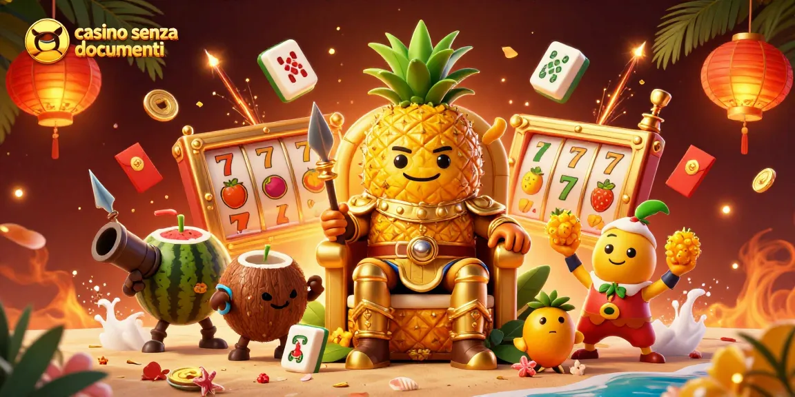 Gioca in modo sicuro nei casino senza documenti, con una grafica animata di un re ananas e altri elementi ludici.