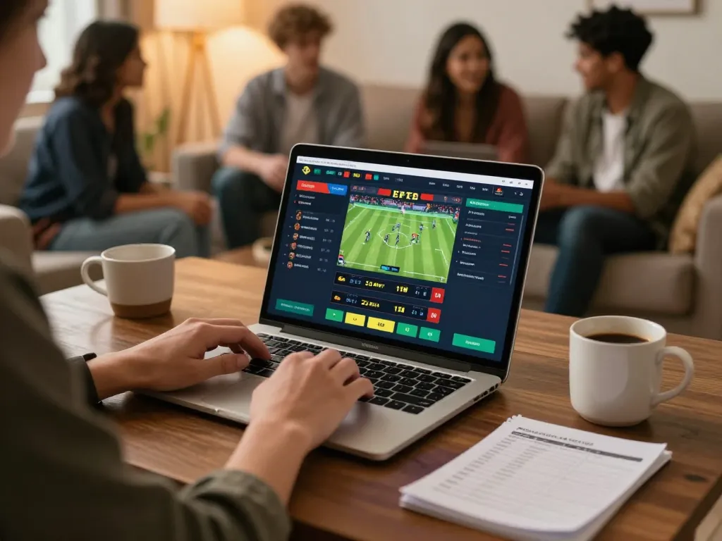Engaging scene of casual sports betting on a laptop, showcasing 7meter bola betting strategies in action.