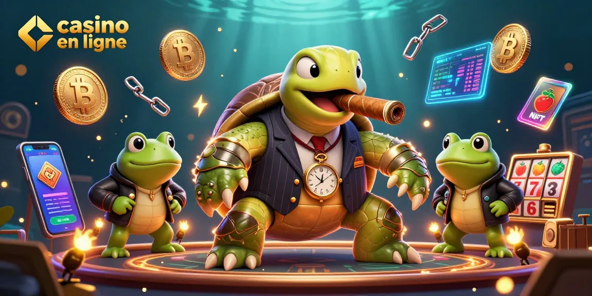 Les joueurs explorent le casino en ligne, entourés d'une tortue géante en costume et de pièces de crypto-monnaie.