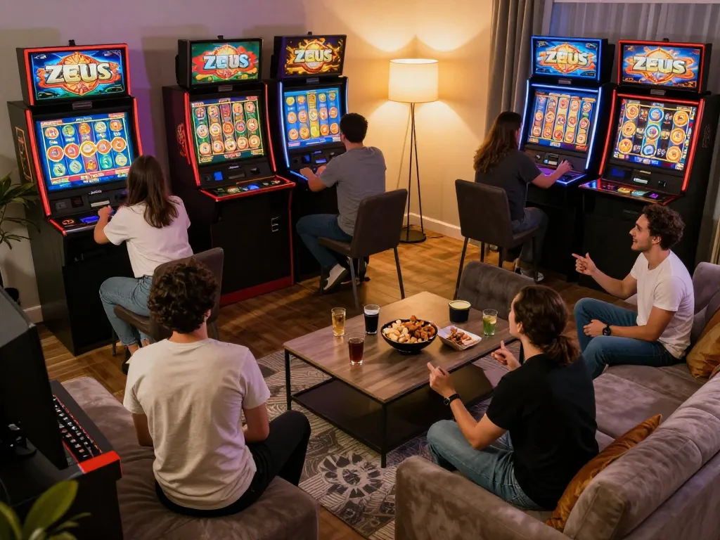 Teman-teman yang bersemangat bermain game bertema slot zeus di rumah, menunjukkan momen-momen kemenangan dalam suasana yang meriah.