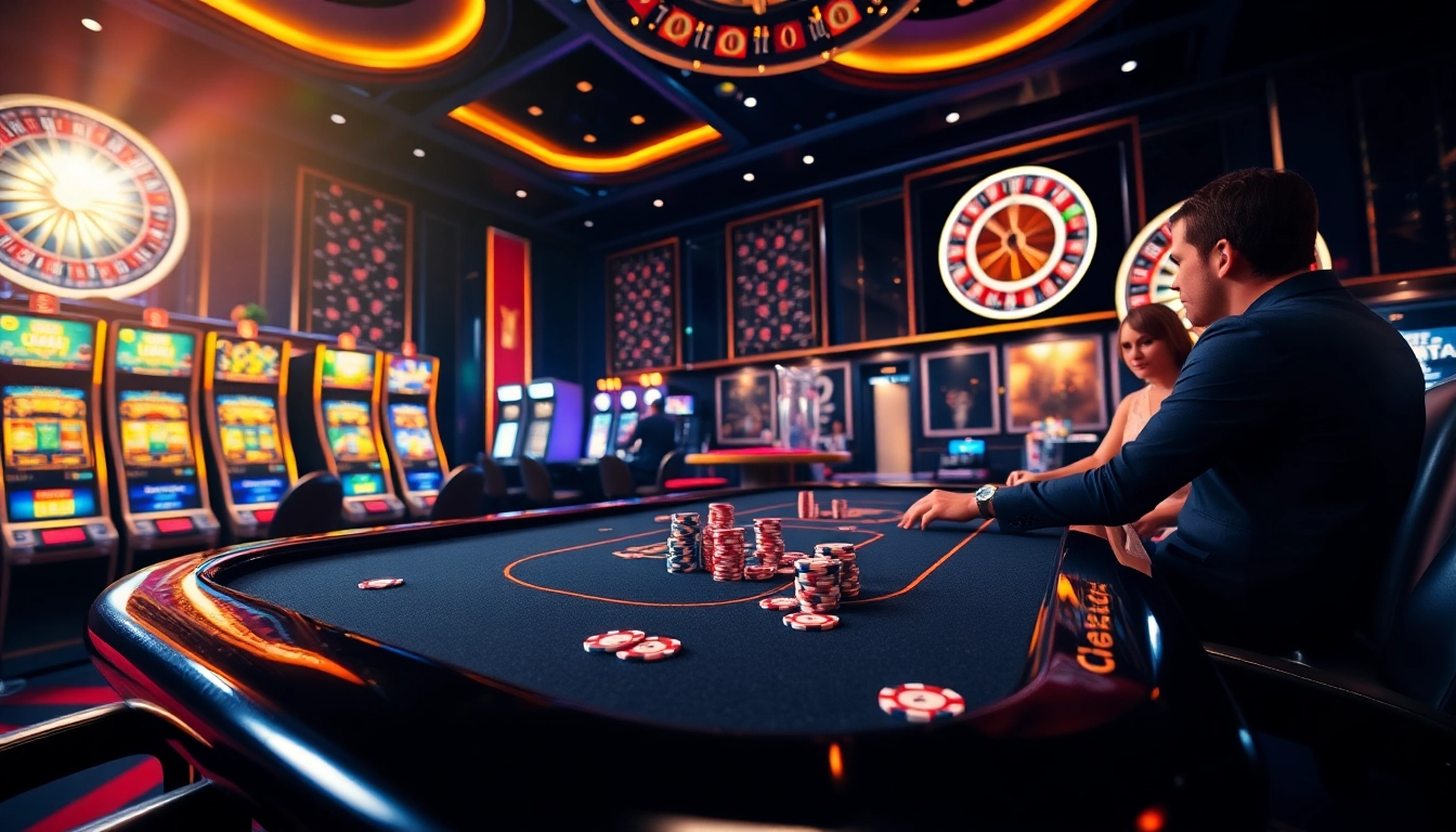Joueurs célébrant leurs victoires dans un casino en ligne fiable, présentant des jeux de poker et de machines à sous.
