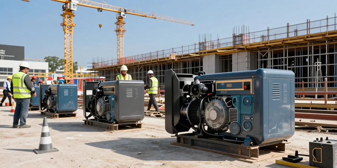Diesel generator powering construction tools at a busy site.