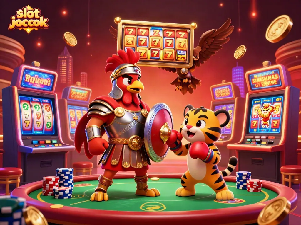 Menangkan slot jackpot dengan ilustrasi kasino yang menarik, menunjukkan keragaman mesin slot dan suasana meriah.