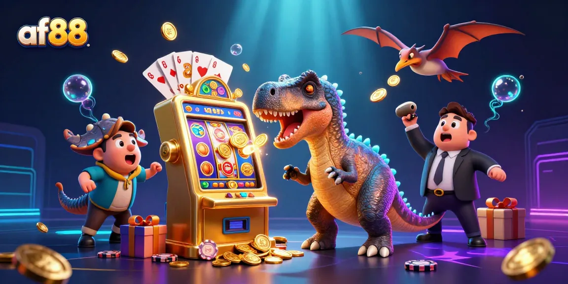 Experience the thrill at af88 with a cartoon pachycephalosaurus winning jackpot coins at a slot machine.