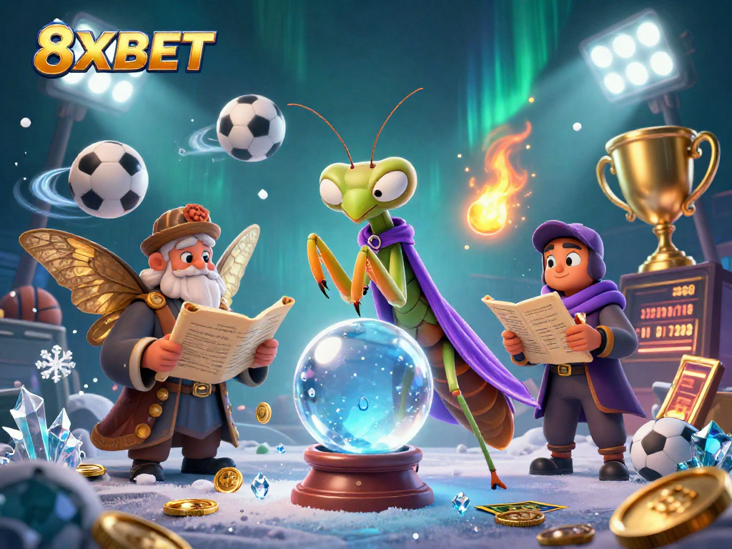 Engage in thrilling bets with the 8XBET fortune teller and sports elements in an enchanting scene.
