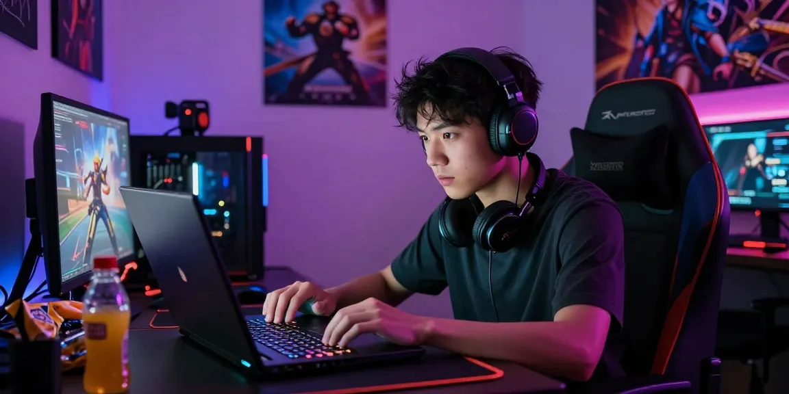 Engaging gamer exploring rokok88 slot in a vibrant gaming setup.