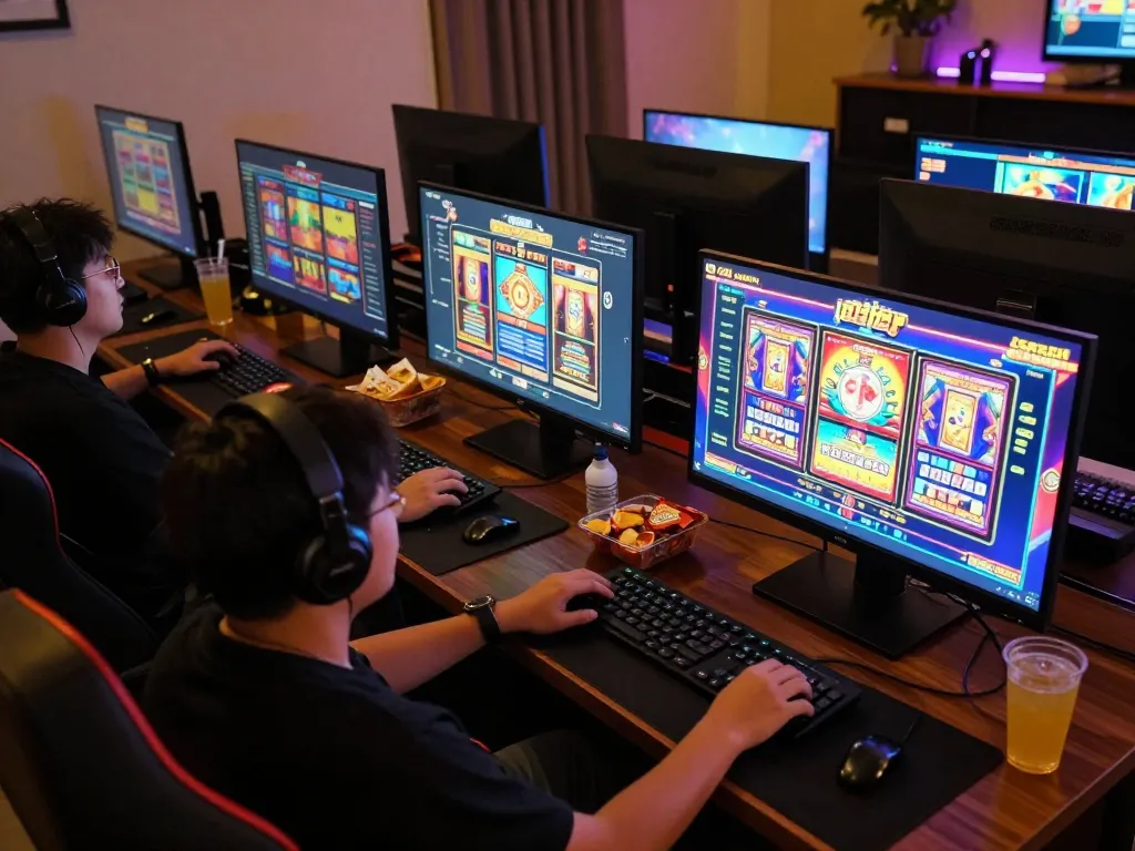 Orang menikmati permainan slot gacor di beberapa layar, menyoroti kegembiraan kasino online yang berwarna-warni.