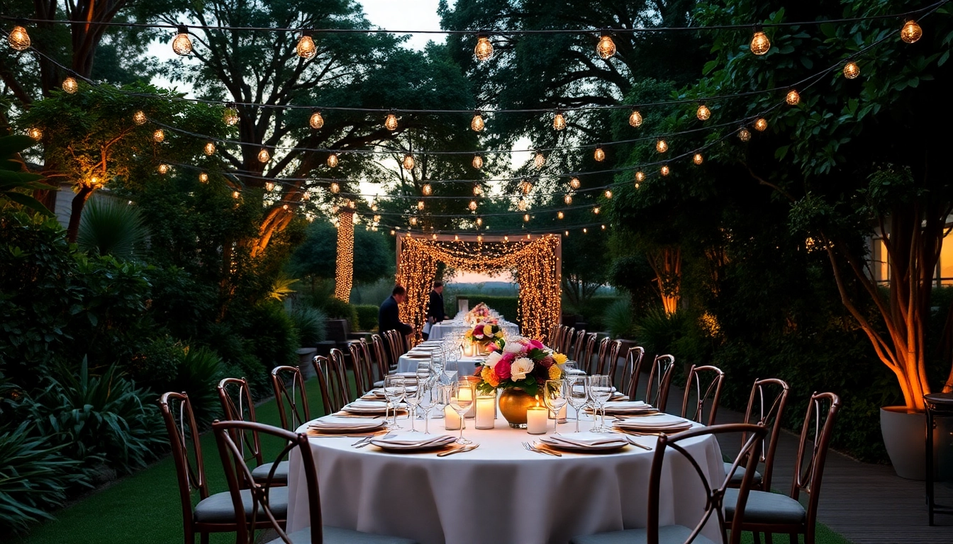 Set up showcasing Table & Chair Rentals in a stylish outdoor venue with elegant decorations.