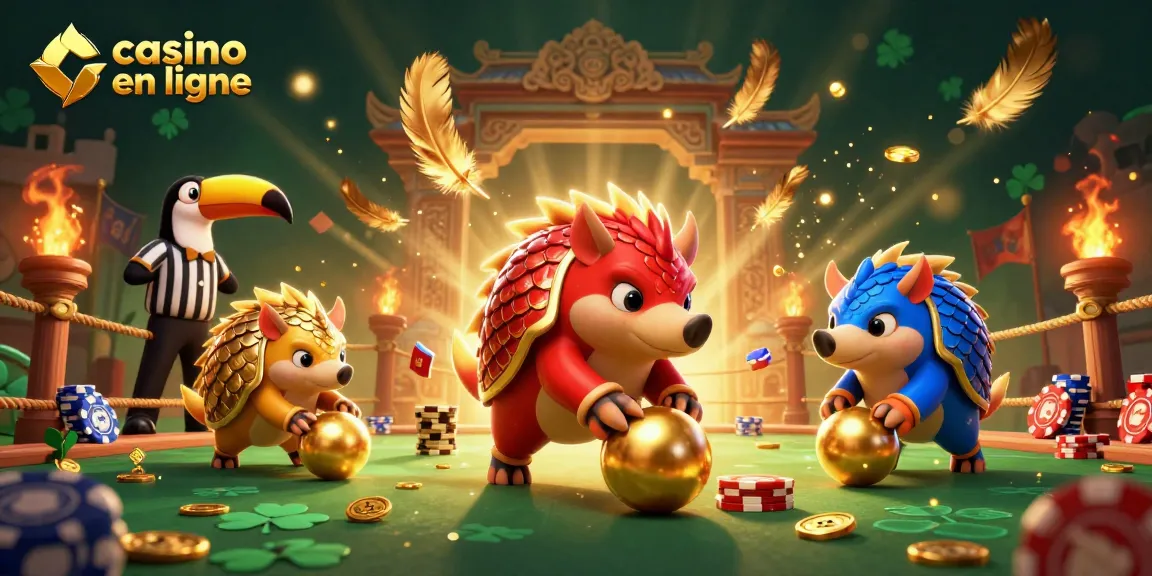 Roulez des boules dorées avec des pangolins dans un casino en ligne animé.