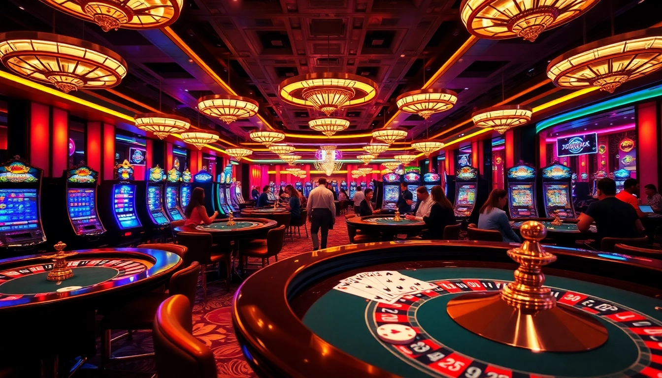 Players experiencing the vibrant atmosphere of Jogoluck's casino floor with poker chips and roulette wheels.