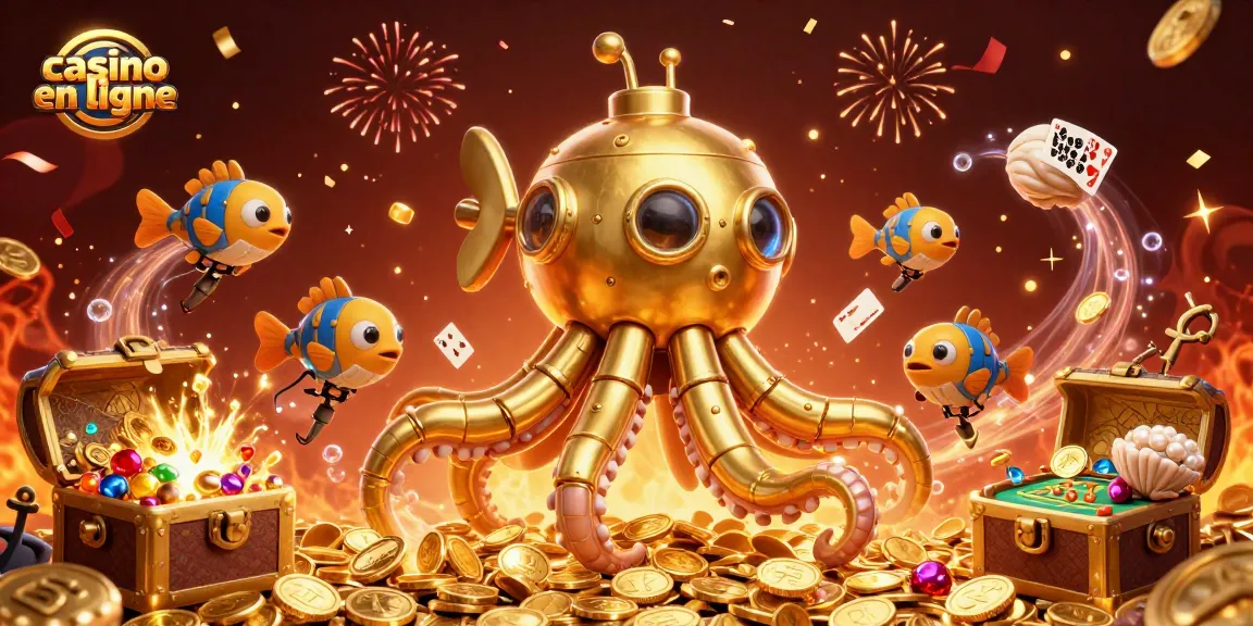 Plongez dans un univers de casino en ligne avec une illustration de kraken et de roulettes, entouré de pièces d'or.