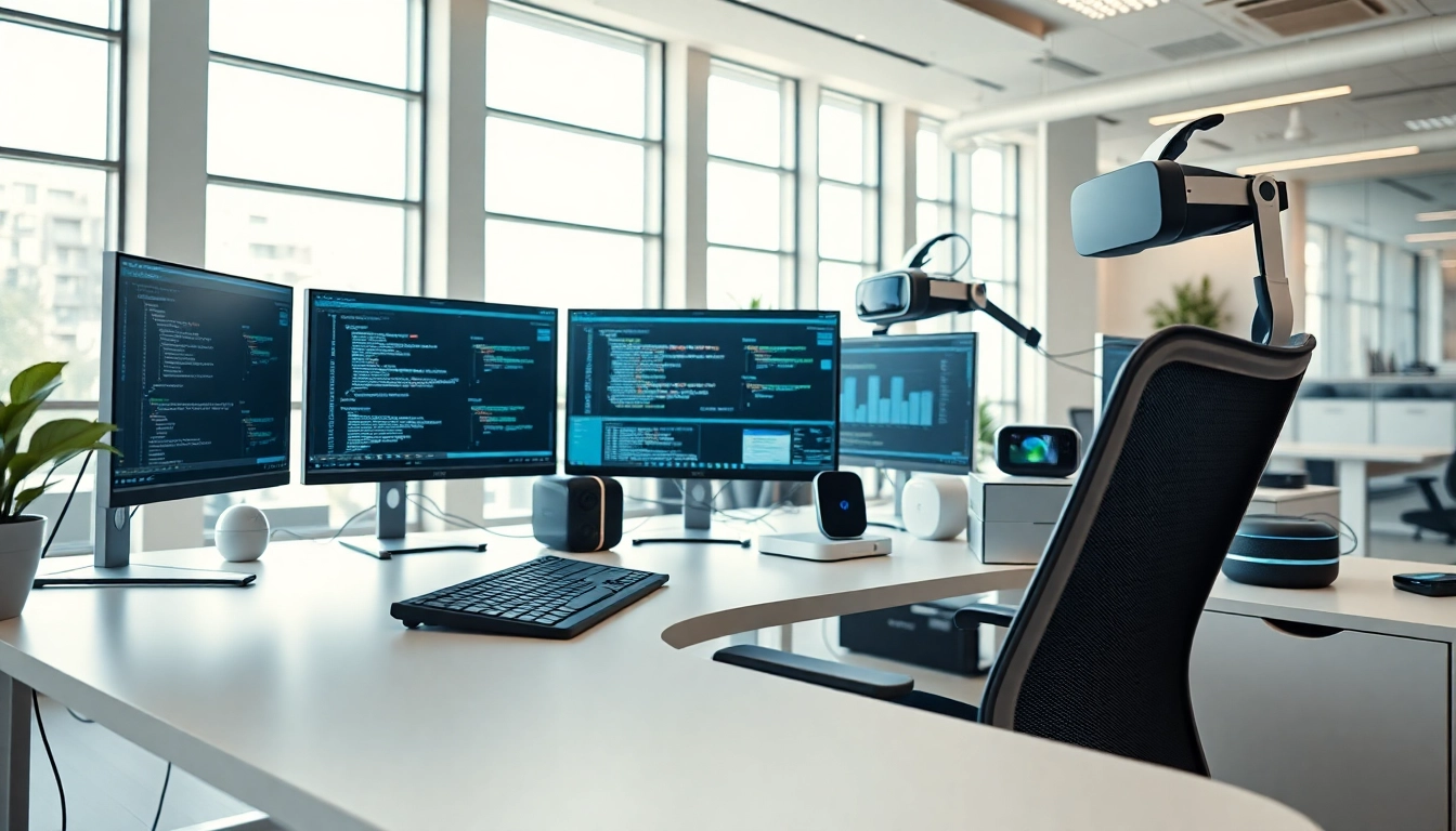 Showcase technology workspace with multiple screens and high-tech gadgets elevating productivity