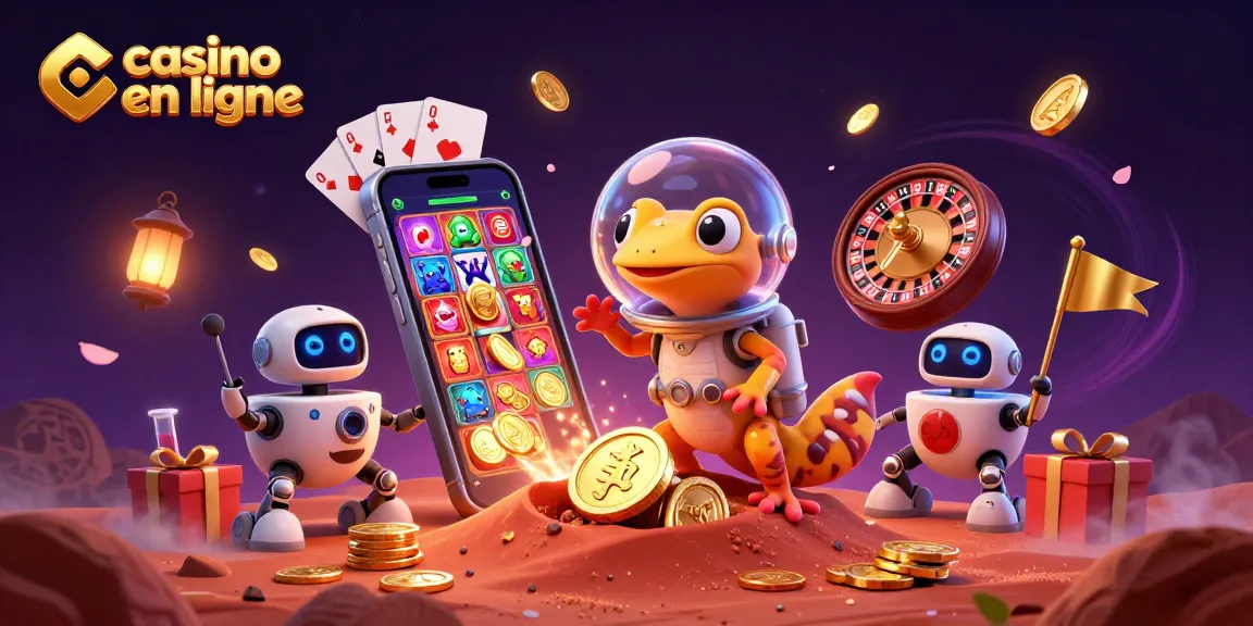 Casino en ligne : Martien et robot découvrent un casino doré sous le sable de Mars