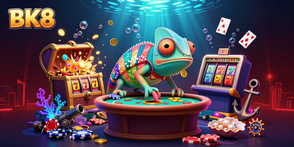 Experience thrilling gambling with BK8's colorful chameleon casino owner surrounded by vibrant slot reels and treasure.