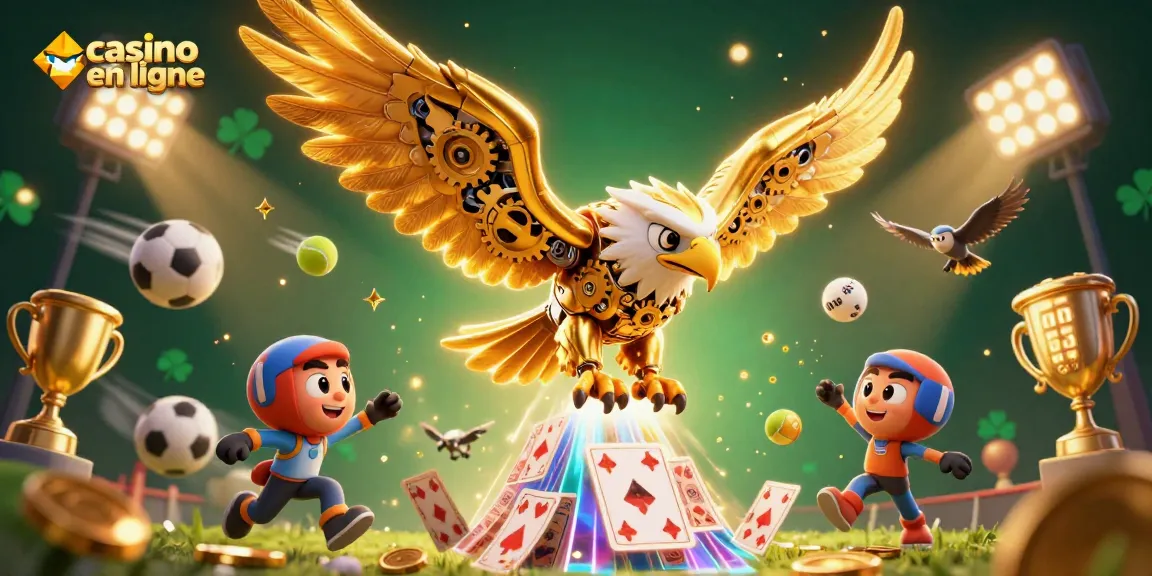 Plongez dans l'univers du casino en ligne avec un aigle cybernétique et des éléments de jeu.