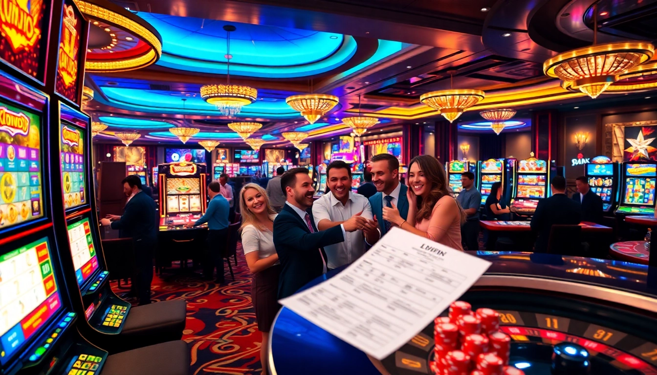 Players celebrating a win at the idnslot machine in a vibrant casino atmosphere.
