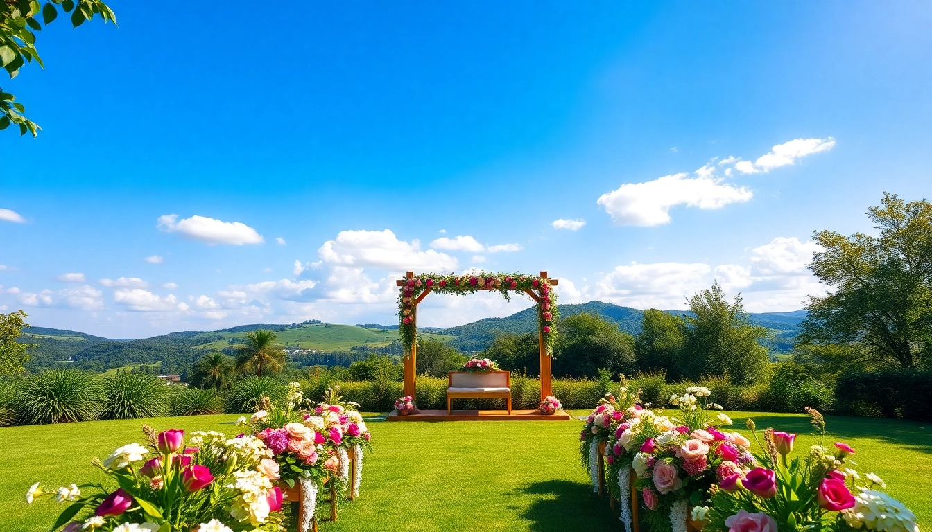 Beautiful weddings venue showcasing a decorated altar amidst green scenery with floral accents.