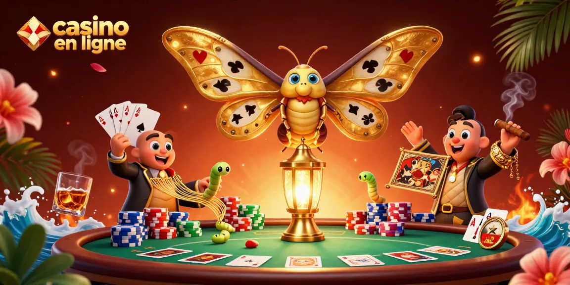Casino en ligne : Table de poker animée avec un papillon et une lanterne dorée.