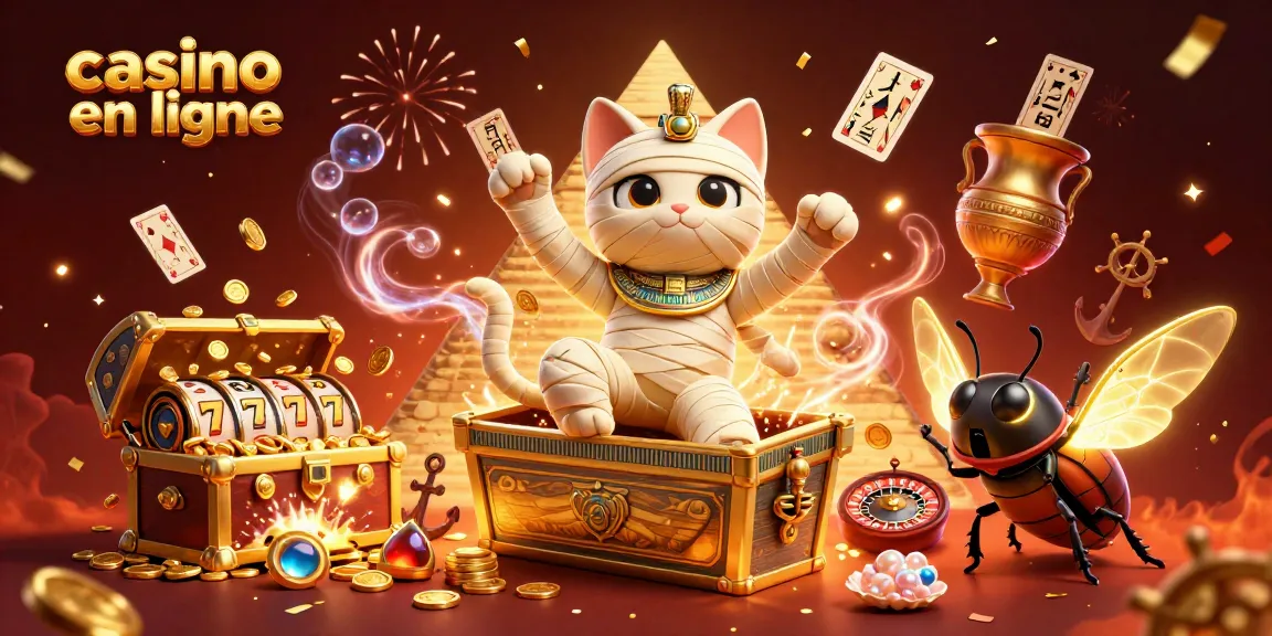 Découvrez le casino en ligne avec une illustration dynamique d'une momie égyptienne et ses éléments de jeux.