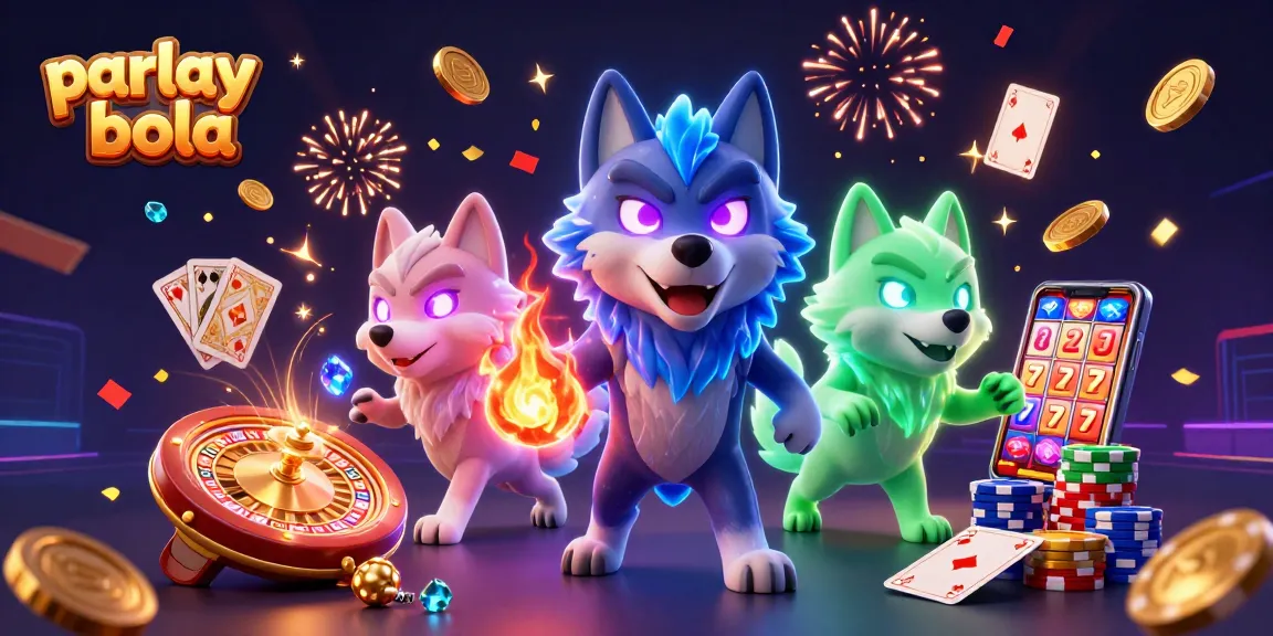 Experience parlay bola action with captivating 3D illustration, featuring wolves and casino elements.