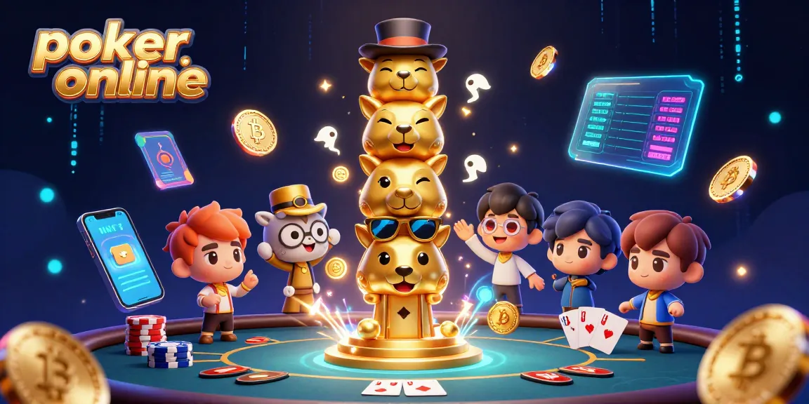 Engage in poker online with vibrant 3D scene featuring a golden totem pole, poker chips, and cryptocurrencies.
