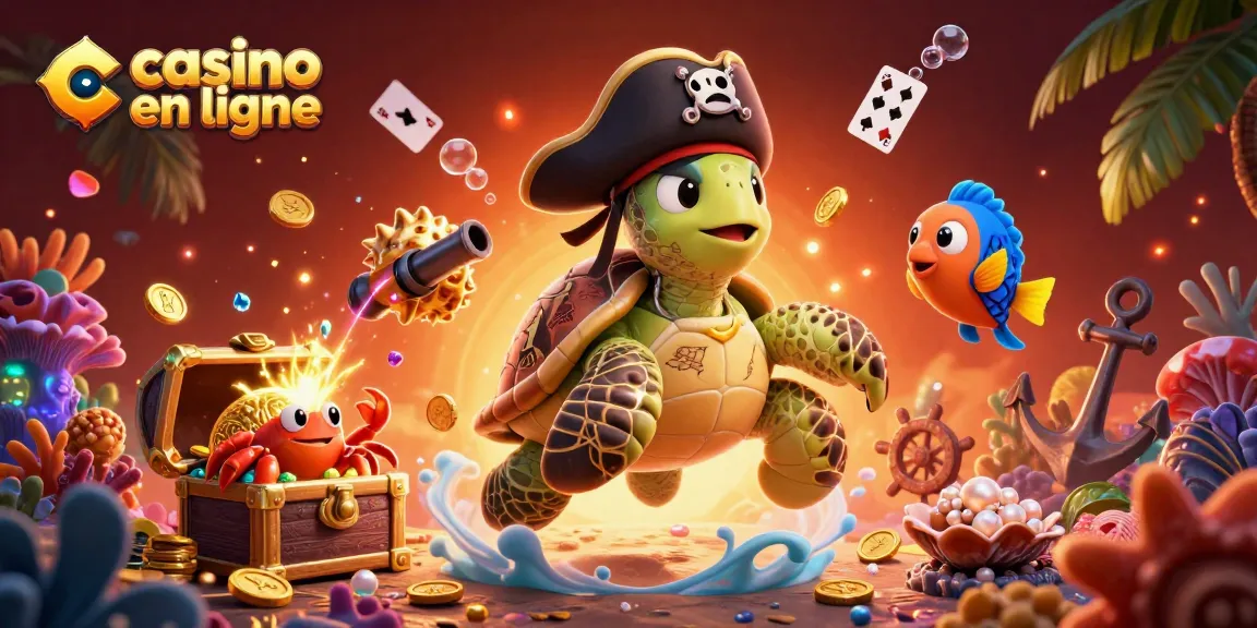 Profitez du casino en ligne avec une illustration colorée de personnages sous-marins gagnants au milieu de trésors.