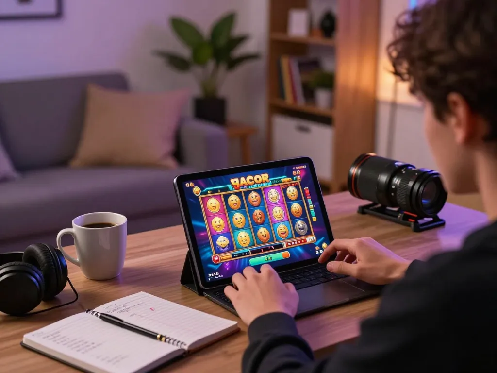 Person enjoying slot gacor games on a tablet in a cozy living room, focused on winning strategies.