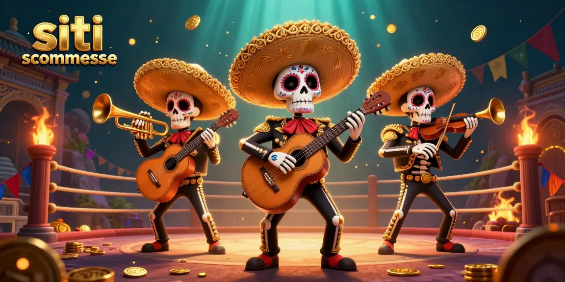 Scommetti con i migliori siti scommesse in un'illustrazione vivace di scommesse sportive con scheletri mariachis.