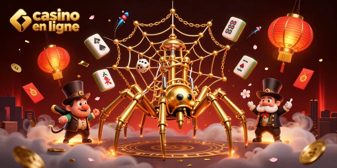 Jouez sur un casino en ligne où une araignée en cuivre attrape des dés chanceux dans sa toile dorée.