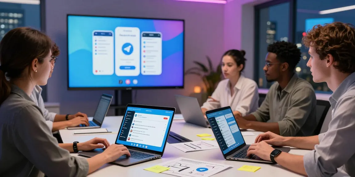 Team collaborating in a digital workspace discussing telegram官网 features, showcasing secure messaging and app functionalities.