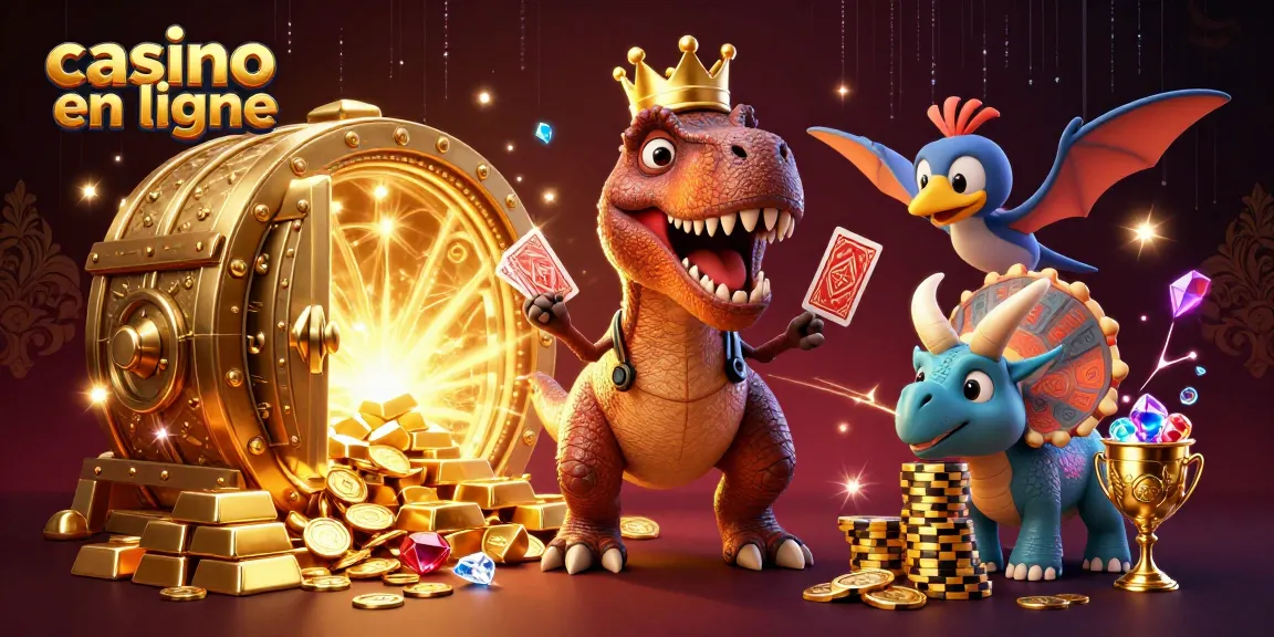 Illustration d'un T-Rex joueur au casino en ligne, entouré de jetons d'or et cartes de jeu.