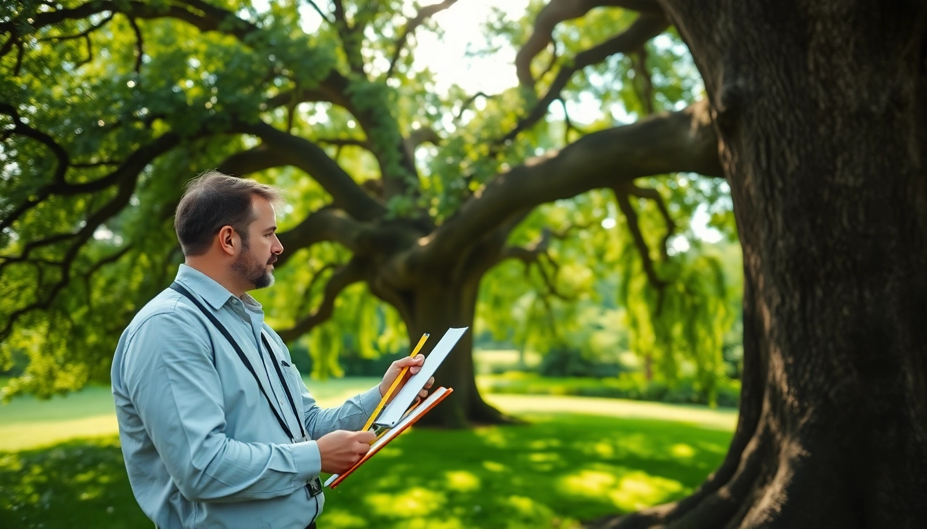 Tree Consultancy expert measuring an oak tree in a vibrant garden for assessment.